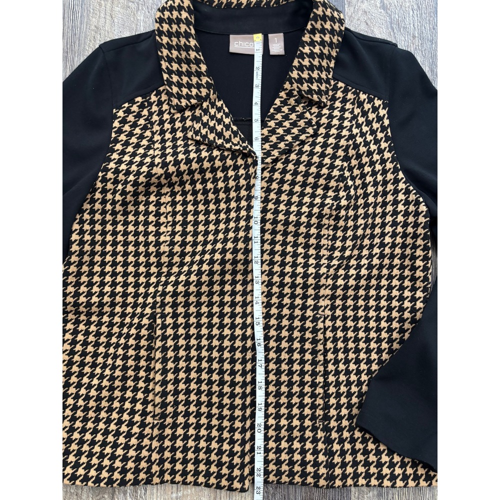 Chicos Houndstooth Blazer Jacket Tan Black Size 1 Medium Single Button Notched - Picture 3 of 6